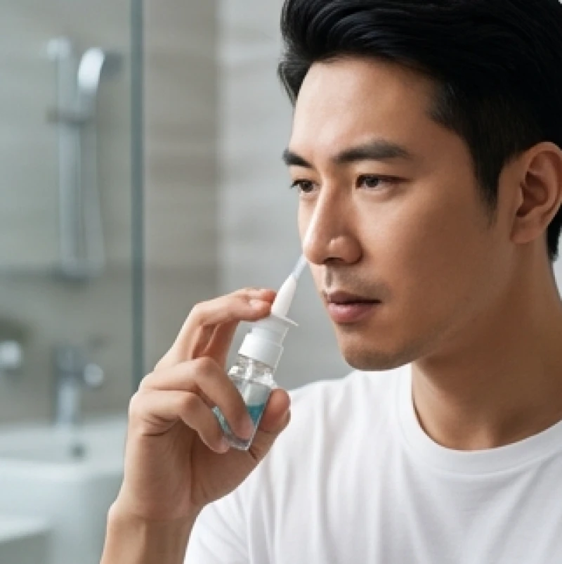 Nhảy mũi ở nam là điềm gì: Giải mã chi tiết theo số lần và khung giờ 7 Cận cảnh người đàn ông chuẩn bị sử dụng bình xịt nước muối sinh lý để làm sạch khoang mũi tại nhà