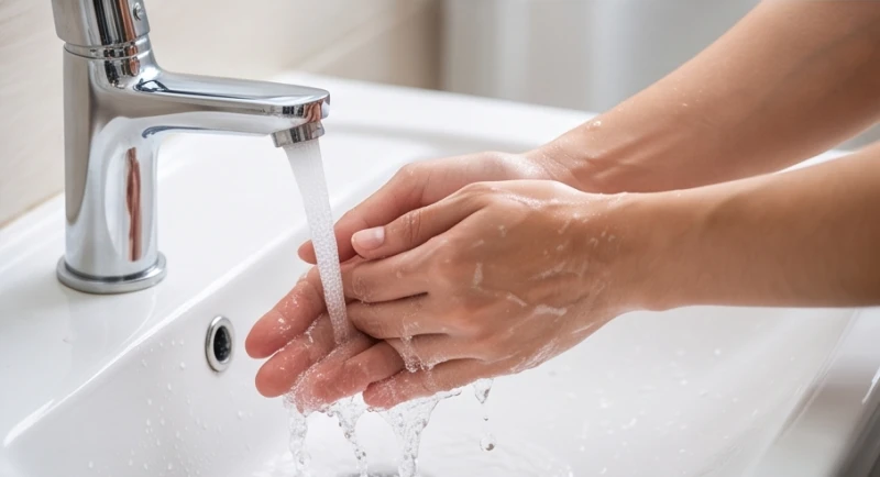 Bàn tay đang được rửa sạch dưới vòi nước mát chảy nhẹ nhàng trong bồn rửa mặt màu trắng