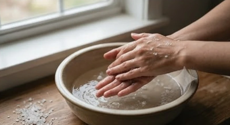 Đôi bàn tay đang được xoa bóp nhẹ nhàng trong chậu nước ấm pha muối biển, giúp gột rửa năng lượng tiêu cực và tà khí