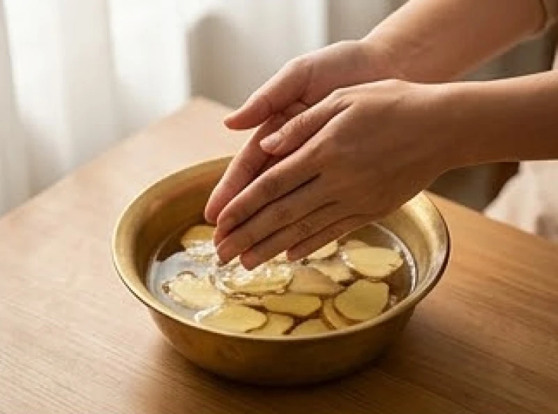 Đôi bàn tay đang được làm sạch bằng nước rượu gừng ấm trước khi chạm vào đồ thờ cúng