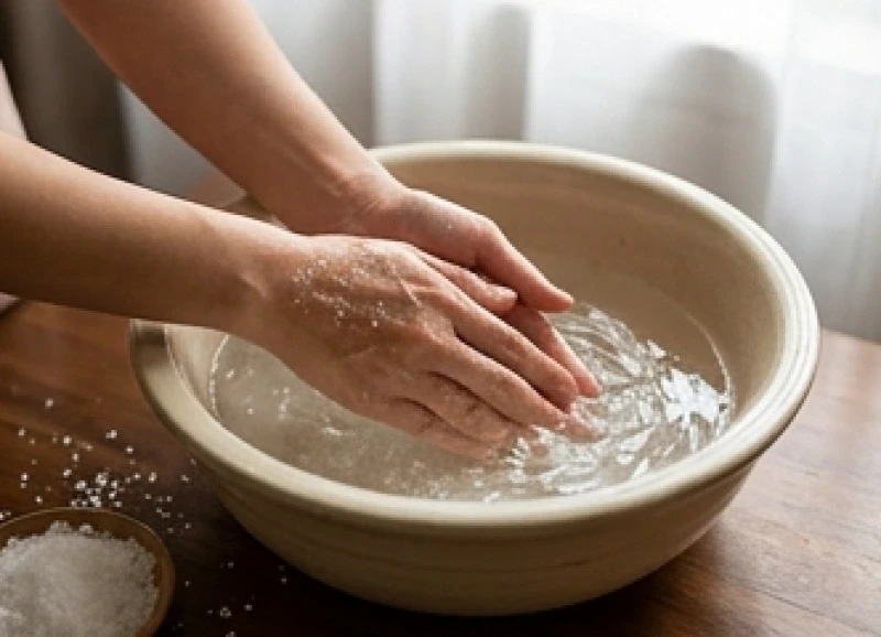 Đôi bàn tay đang được rửa bằng dung dịch nước muối ấm để thanh tẩy năng lượng tiêu cực sau sự cố