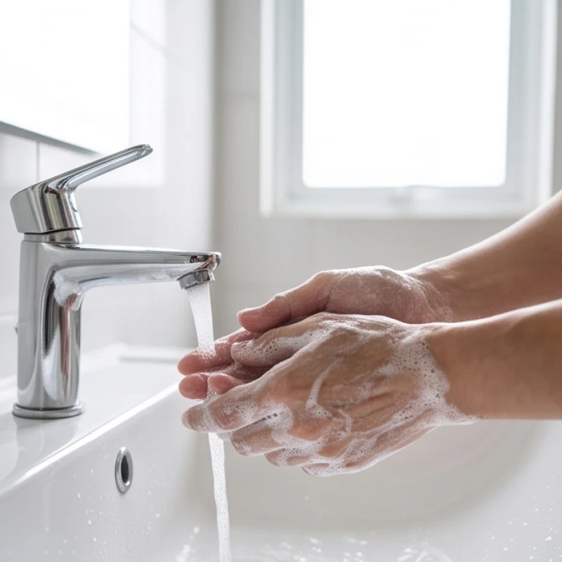 Đôi tay đang được xoa bóp kỹ lưỡng với bọt xà phòng trắng dưới vòi nước chảy trong phòng tắm