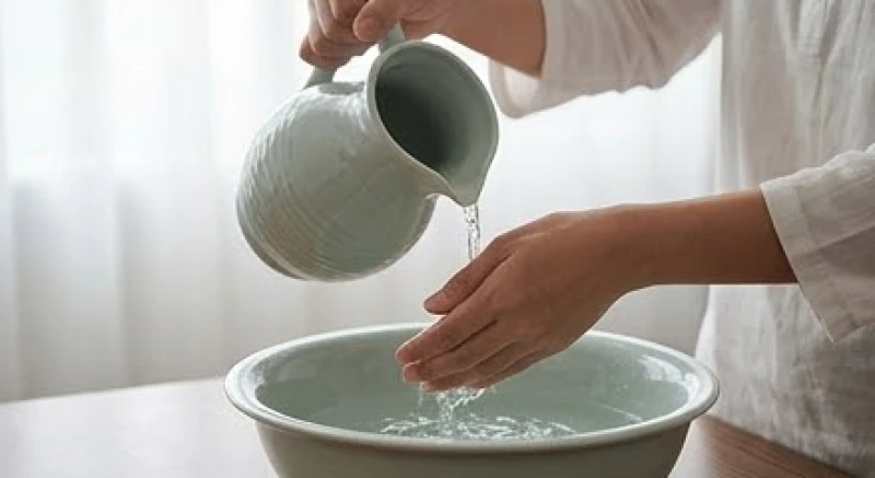 Gia chủ rửa tay bằng nước sạch trước khi bước vào không gian thờ tự làm lễ