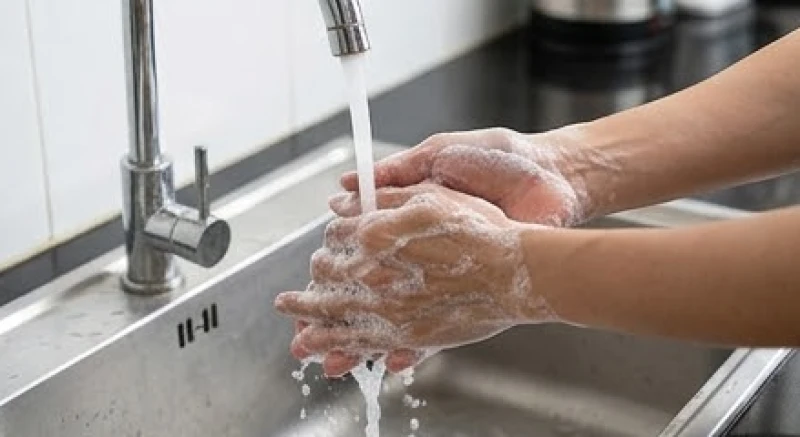 Bàn tay đang được rửa sạch kỹ lưỡng bằng xà phòng diệt khuẩn dưới vòi nước chảy sau khi hoàn tất dọn dẹp