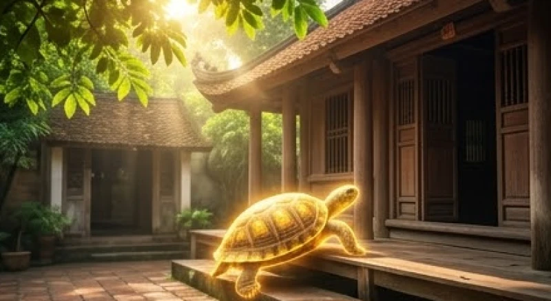 Mơ thấy rùa vàng: Giải mã điềm báo, con số và mẹo đón tài lộc 2 Một con rùa vàng rực rỡ bò vào trước hiên nhà gỗ truyền thống mang theo năng lượng may mắn