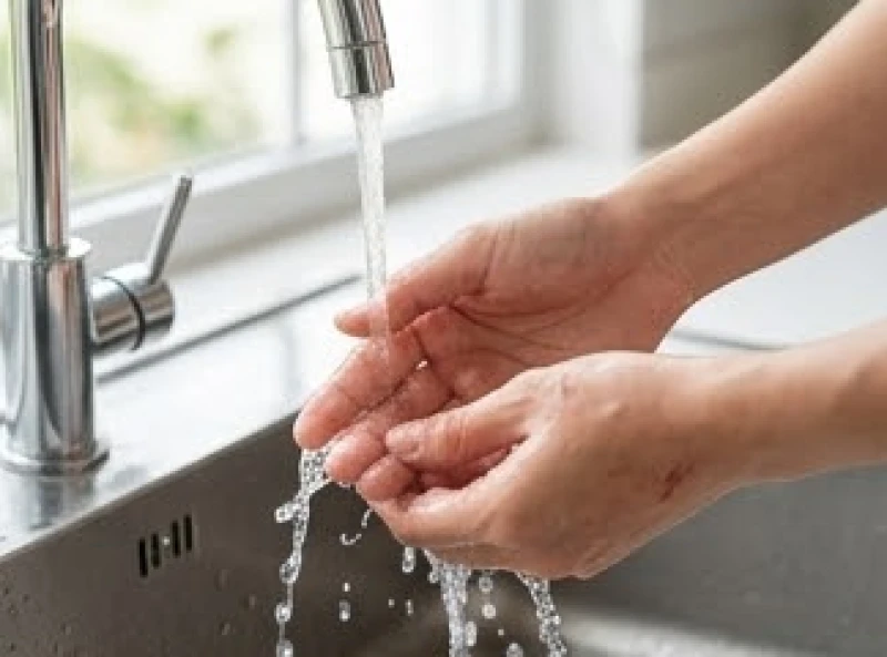 Rửa ngón tay bị xước dưới vòi nước máy sạch để làm trôi bụi bẩn và vi khuẩn bề mặt
