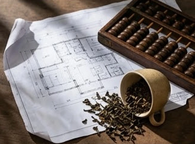 Tờ bản vẽ thiết kế bị vò nhẹ bên cạnh bàn tính gỗ cũ kỹ ám chỉ sự đình trệ tài chính khi chọn sai thời điểm