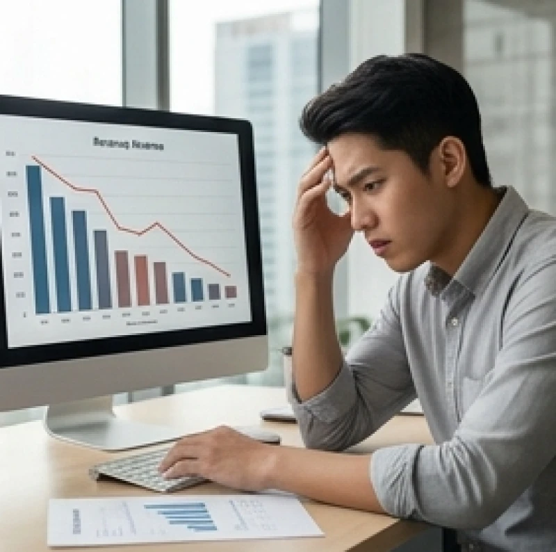 Doanh nhân trẻ đang phân tích biểu đồ doanh thu sụt giảm trên màn hình máy tính