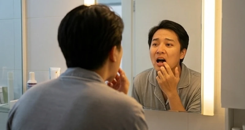 Mơ thấy răng sâu bị rụng: Giải mã điềm báo và dấu hiệu nha khoa 5 Người đàn ông đứng trước gương nhà tắm với vẻ mặt đầy âu lo khi kiểm tra lại hàm răng của mình