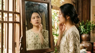 Hình ảnh cô gái Việt Nam soi gương lo âu tìm hiểu hiện tượng rụng răng là điềm gì theo phong thủy và y khoa