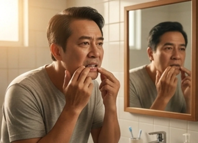 Người đàn ông soi gương kiểm tra hàm răng của mình với vẻ mặt đăm chiêu