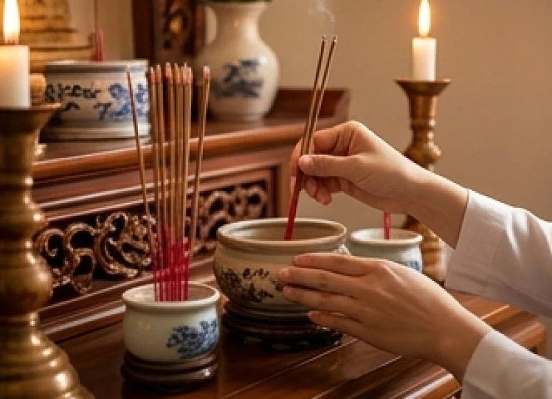 Văn khấn giỗ hết mẹ chuẩn nghi thức: Bài cúng Hiển Tỷ và xả tang 11 Đôi bàn tay cẩn thận rút những chân nhang đẹp từ bát hương cũ để chuyển sang bàn thờ gia tiên.