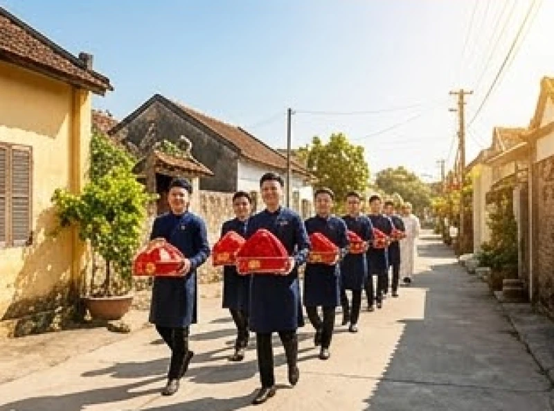 Đoàn nhà trai bưng mâm quả rước dâu di chuyển thuận lợi dưới tiết trời trong xanh rực rỡ của tháng đại lợi