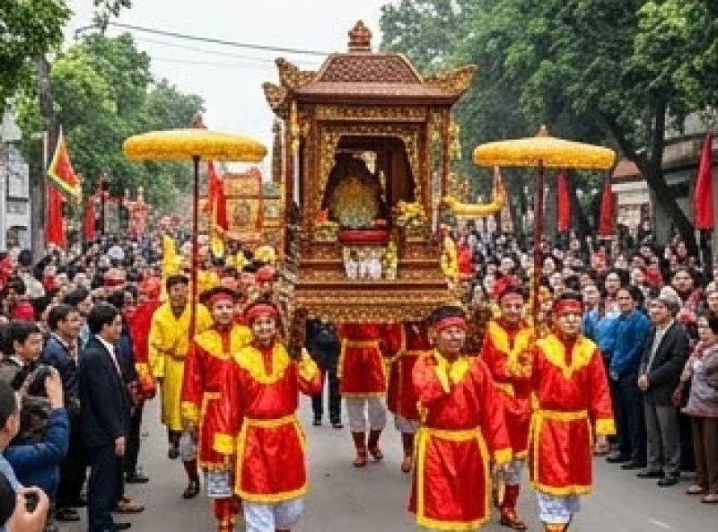 Văn khấn lễ hội Đền Và: Bài cúng chuẩn & quy trình đi lễ 9 Đoàn người mặc trang phục lễ hội truyền thống cẩn thận khiêng cỗ kiệu gỗ chạm trổ tinh xảo diễu hành qua đường phố