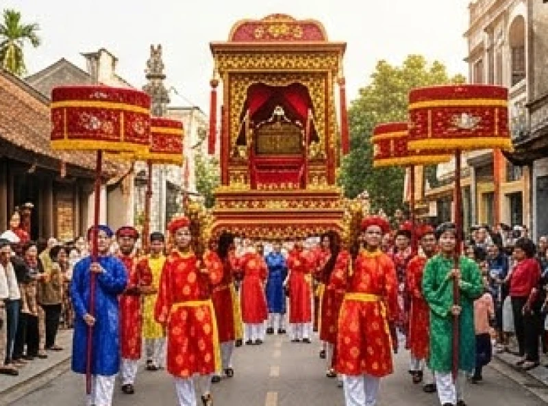 Văn khấn ngày tiệc Mẫu Hưng Yên: Bài cúng chuẩn và lịch dâng lễ 6 Đoàn rước kiệu sơn son thiếp vàng rực rỡ di chuyển qua các tuyến phố cổ tại Phố Hiến