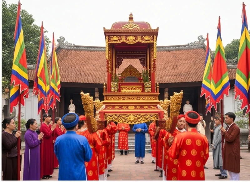 Nghi lễ rước kiệu sơn son thếp vàng rực rỡ cờ hoa trong ngày chính tiệc Mẫu Sòng Sơn