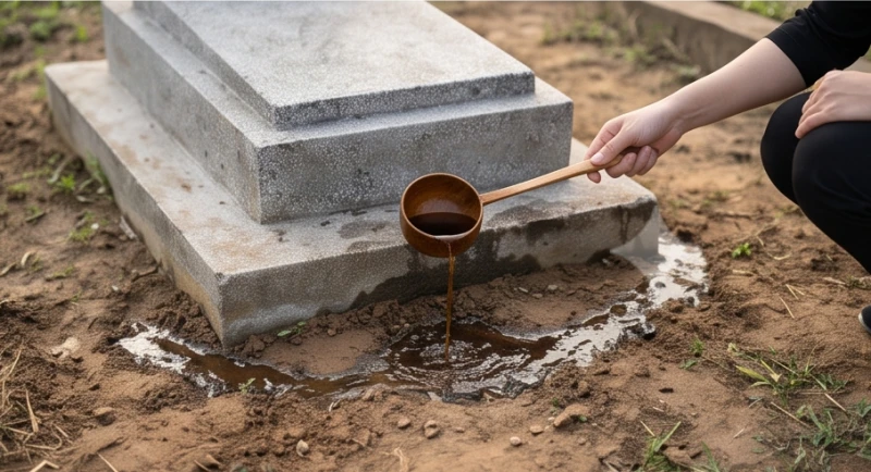 Văn khấn tạ long mạch ngoài mộ: Bài cúng chuẩn và lưu ý kiêng kỵ 8 Bát nước ngũ vị hương màu nâu sẫm được rưới nhẹ nhàng tạo thành một vòng tròn quanh chân nấm mộ