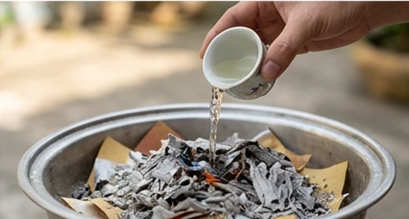 Văn khấn hóa vàng gia tiên: Trình tự tiễn ông bà đúng nghi thức 7 Rưới rượu lên đống tro vàng mã đã cháy hết để hoàn tất nghi thức hóa vàng