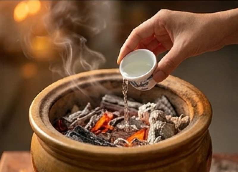 Văn khấn hóa vàng Thần Tài: Bài cúng chuẩn và nghi thức tạ lộc 10 Thực hiện nghi thức rưới rượu trắng vòng quanh chậu tro nóng để tạ lễ