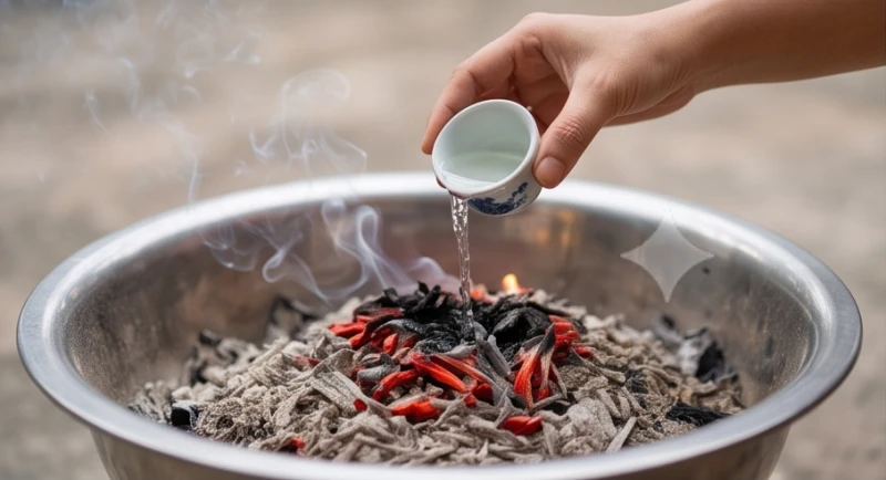 Thao tác rưới rượu trắng lên đám tro tàn sau khi hóa tiền vàng để hoàn thành nghi thức tiễn ông bà.