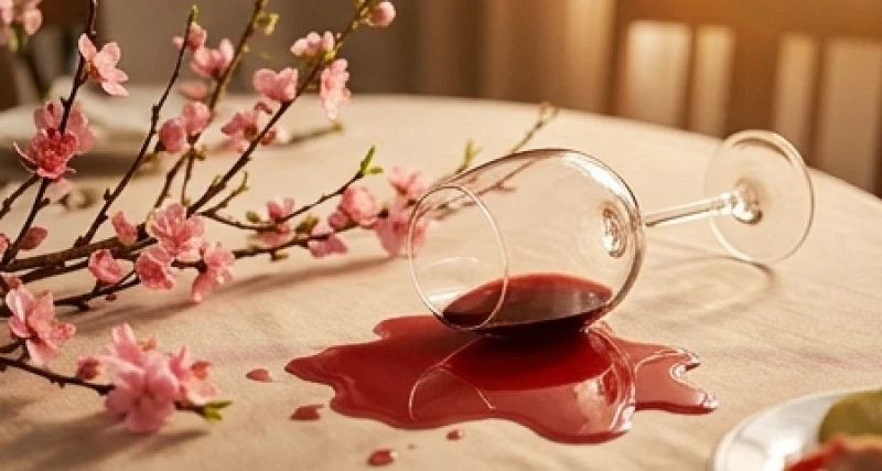 Ly rượu vang đỏ đổ tràn xuống mặt bàn có trang trí cành đào hồng trong ngày đầu xuân năm mới
