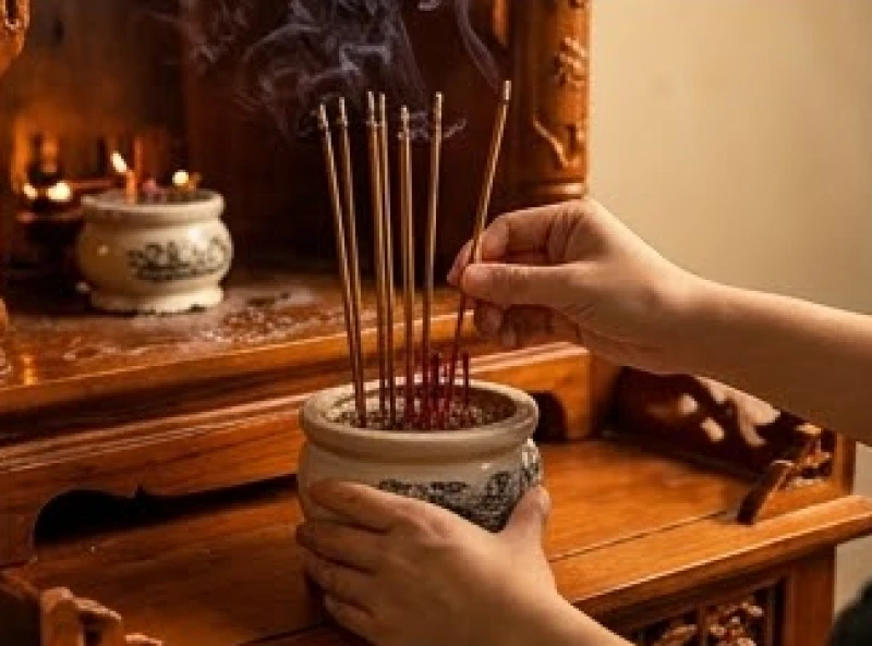 Gia chủ đang nhẹ nhàng rút bớt chân nhang cũ từ bát hương sau khi đã vái lạy xin phép thần linh