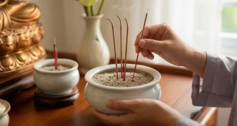 Thao tác một tay giữ chặt thân bát hương, một tay nhẹ nhàng rút tỉa bớt những chân nhang cũ