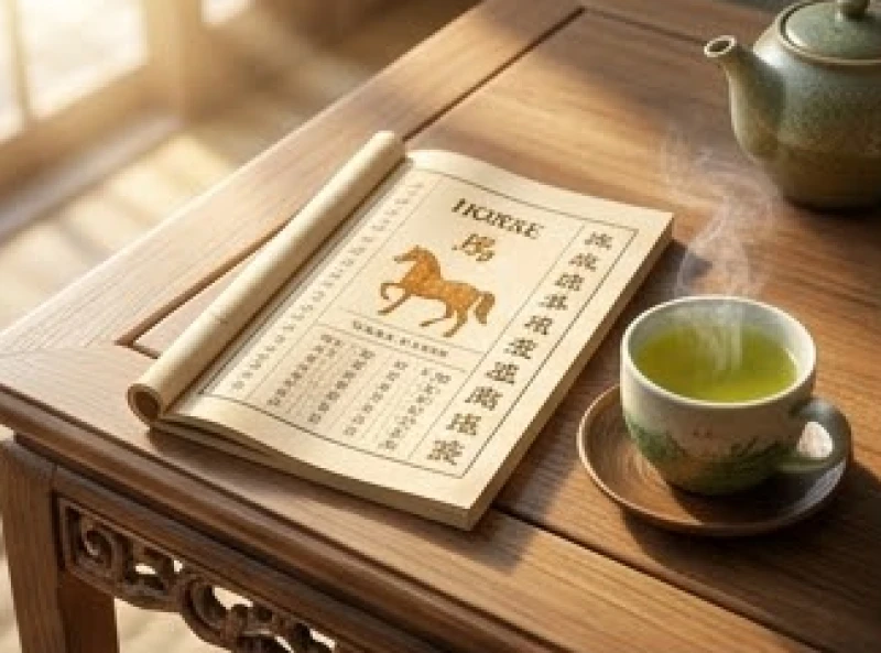 Sách tử vi năm Bính Ngọ 2026 với bìa truyền thống đặt trên bàn trà gỗ