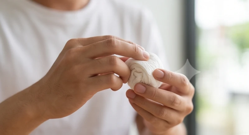 Một bàn tay đang vò viên khăn giấy khô định nhét vào mũi để thấm máu một cách sai lầm