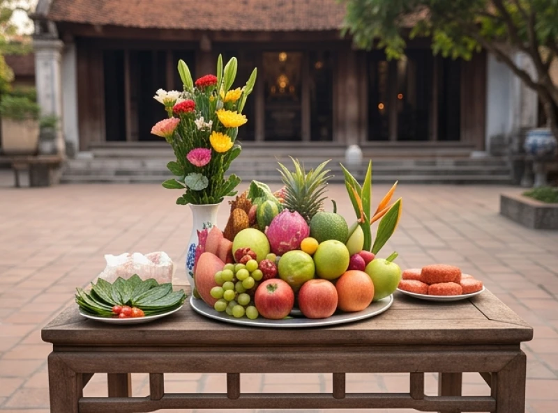 Mâm đồ lễ được chuẩn bị chu đáo bao gồm hoa quả tươi và các vật phẩm truyền thống dâng đền
