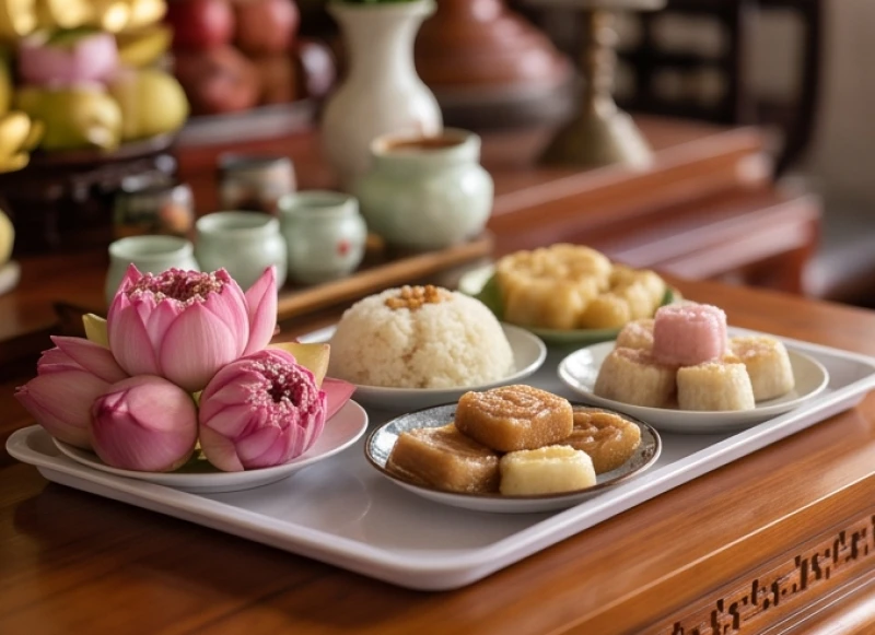 Văn khấn cầu an: Bài khấn chuẩn, cách sắm lễ và chọn ngày giờ 4 Mâm lễ chay gồm hoa sen, xôi và oản ngọt được sắp xếp gọn gàng để dâng lên chư Phật