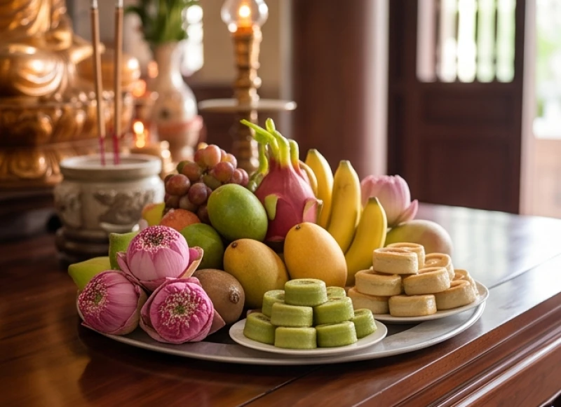 Văn khấn ban Tam Bảo tại chùa: Bài khấn chuẩn và cách sắm lễ 1 Mâm lễ chay thanh tịnh gồm hương hoa trà quả dâng lên ban chính điện Tam Bảo trong không gian chùa