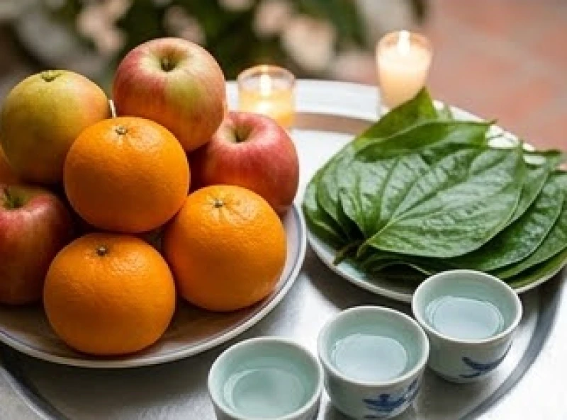 Văn khấn cúng sao giải hạn tại nhà: Sơ đồ nến, bài vị & mâm lễ 4 Đĩa trái cây tròn trịa tươi sáng được sắp xếp cẩn thận bên cạnh trầu cau và các chén nước