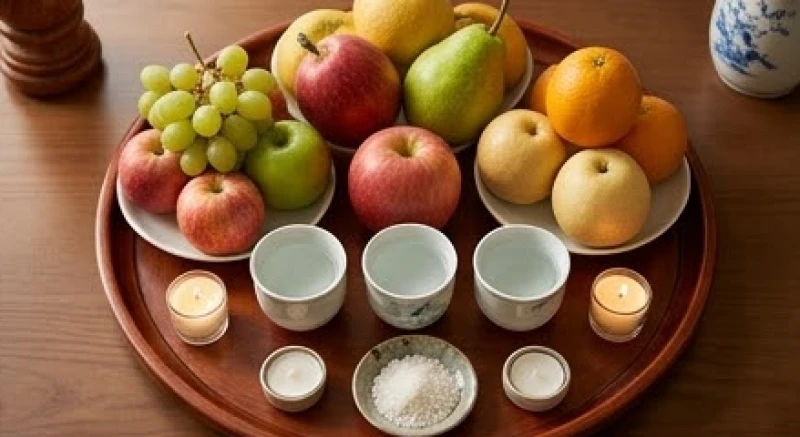 Mâm lễ vật cúng dâng sao giải hạn chuẩn bị tươm tất với ngũ quả, hoa tươi, nến và nhang trầm