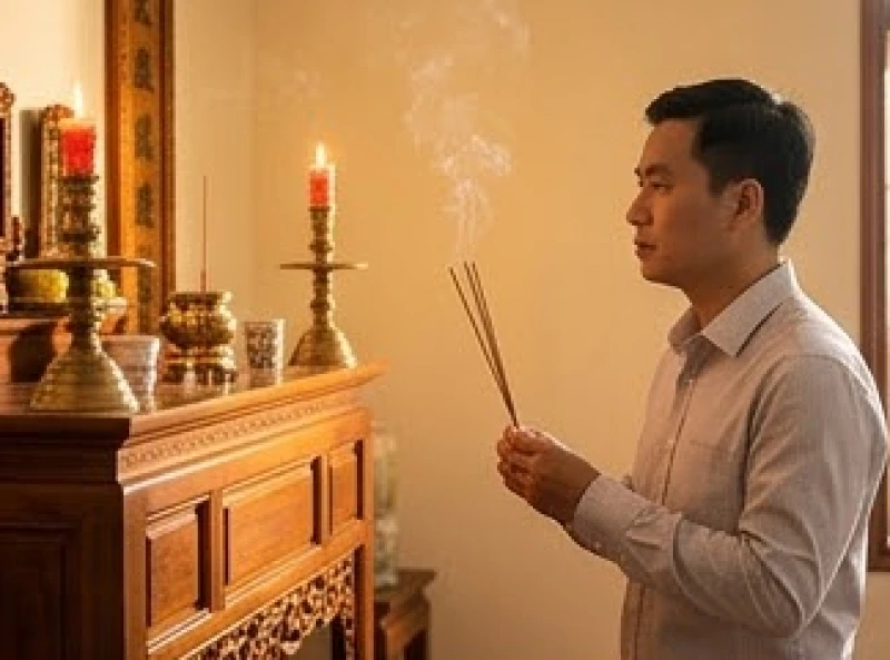 Văn khấn đổi họ cho con nuôi: Bài cúng gia tiên và mâm lễ chuẩn 1 Người cha đang chắp tay thắp nén nhang trên bàn thờ tổ tiên để chuẩn bị nghi thức báo cáo nhận con nuôi