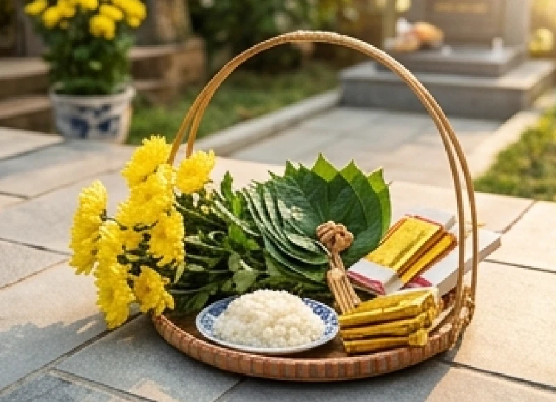 Văn khấn tiên thường giỗ đầu: Bài khấn chuẩn, khung giờ & mâm lễ 4 Lễ vật hương hoa và trái cây được chuẩn bị tươm tất để dâng cúng ngoài phần mộ