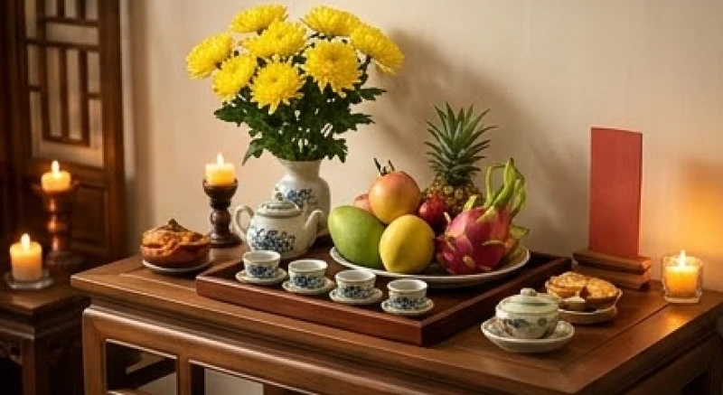 Mâm lễ cúng sao giải hạn được chuẩn bị tươm tất với hoa tươi, trái cây, trà và nến