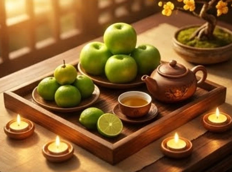 Mâm lễ cúng sao Mộc Đức với hoa quả màu xanh lá và đầy đủ 20 ngọn nến theo quy chuẩn
