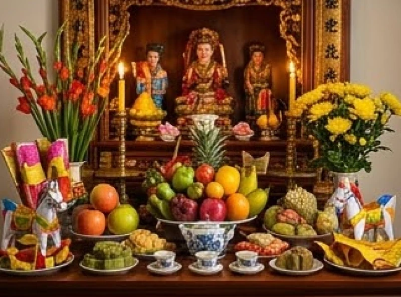 Mâm lễ tạ cuối năm tại điện thờ gia đình với đầy đủ hương hoa kim ngân tài mã được bày biện tươm tất