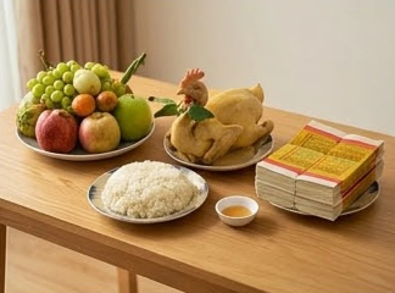 Văn khấn lễ tạ đất: mâm cúng 3 miền, bài khấn và vị trí hành lễ 4 Mâm lễ cúng mặn tạ đất đai được bày biện tươm tất với gà luộc ngũ quả và vàng mã