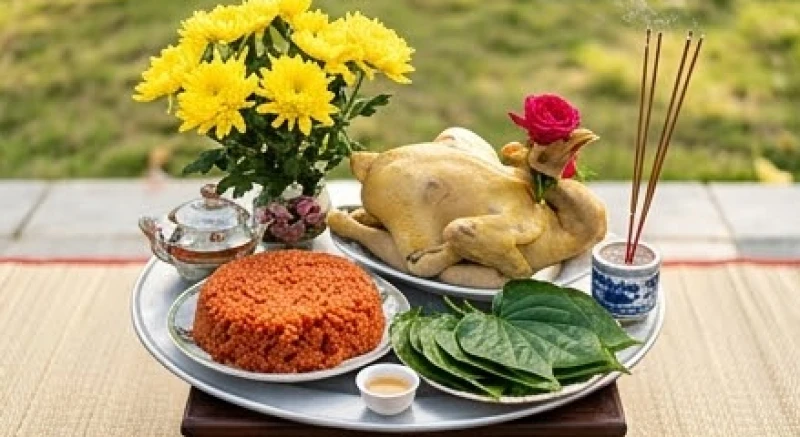 Văn khấn tảo mộ đầu năm: Bài cúng chuẩn và sắm lễ tránh phạm kỵ 4 Mâm lễ dâng ngoài mộ gồm xôi gấc, gà luộc, trầu cau, hoa cúc vàng và hương nến được sắp xếp gọn gàng thanh tịnh