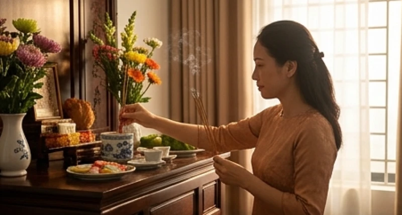 Người phụ nữ Việt Nam đang sửa soạn mâm lễ cúng ông Công ông Táo với hoa tươi và hương trầm