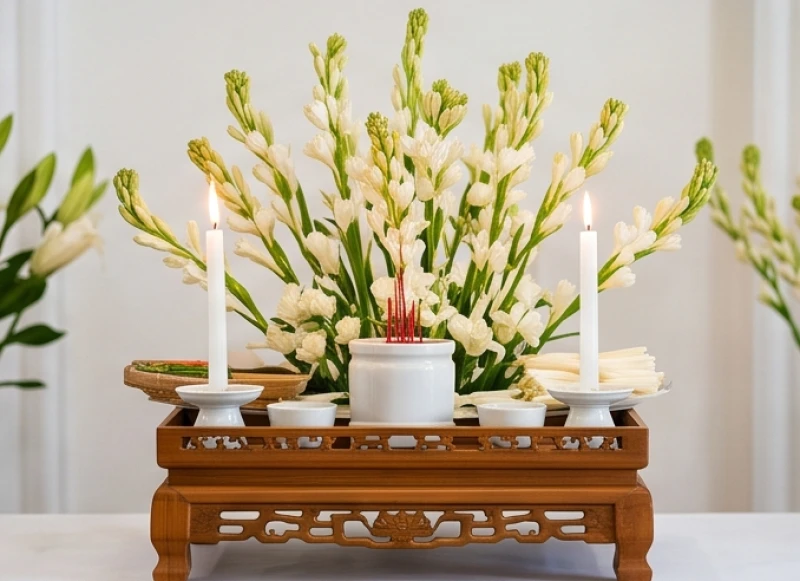 Văn khấn Đền Lảnh Giang: nguyên văn chuẩn và thứ tự dâng lễ 6 Mâm lễ với hoa huệ trắng và nến trắng tinh khiết dâng lên Ban Cô Bơ