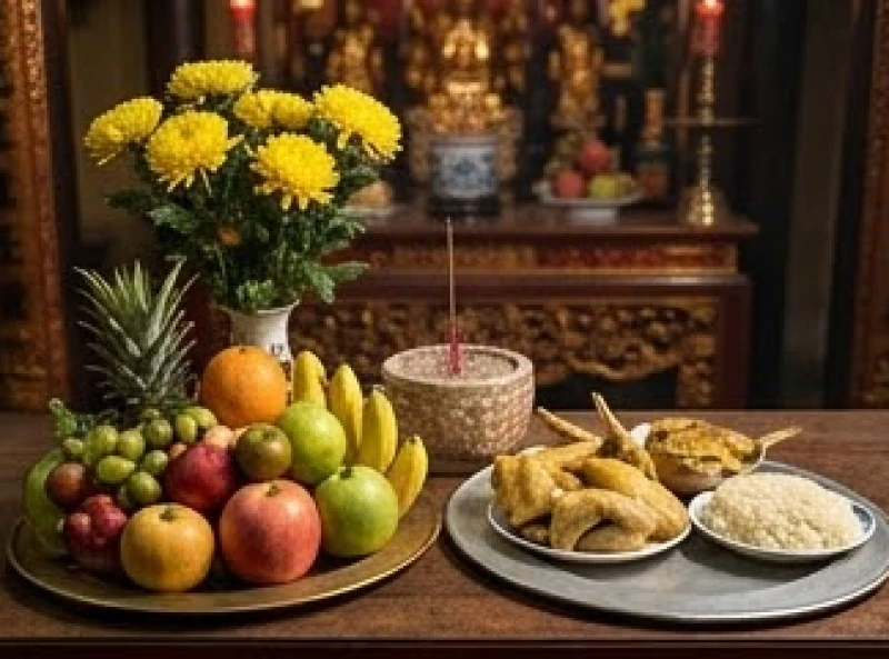 Các mâm lễ chay và lễ mặn được sắp xếp gọn gàng theo đúng quy chuẩn tại đền Bà Chúa Kho