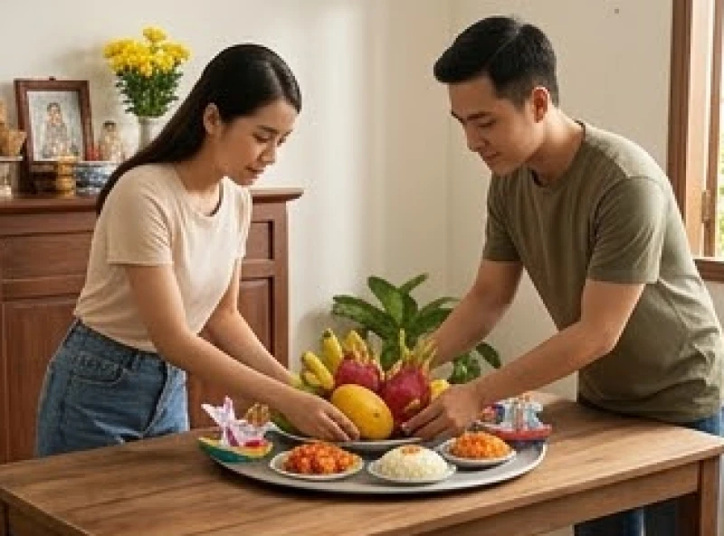 Hai vợ chồng chuẩn bị mâm lễ vật dâng lên ban thờ trước khi đọc văn khấn cầu con tại nhà