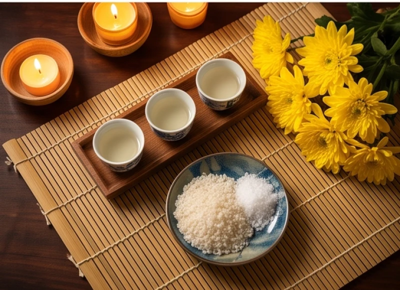 Mâm lễ vật chuẩn bị cúng giải hạn gồm trái cây tươi, trà, rượu, nến và gạo muối tinh khiết
