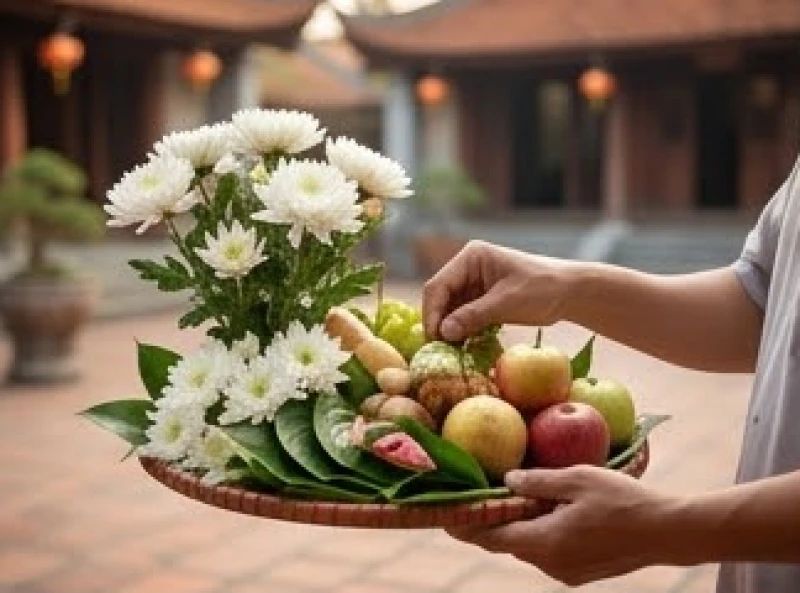Người đi lễ chuẩn bị mâm lễ vật dâng Cô Bơ với hoa cúc trắng và trái cây tươi tươm tất