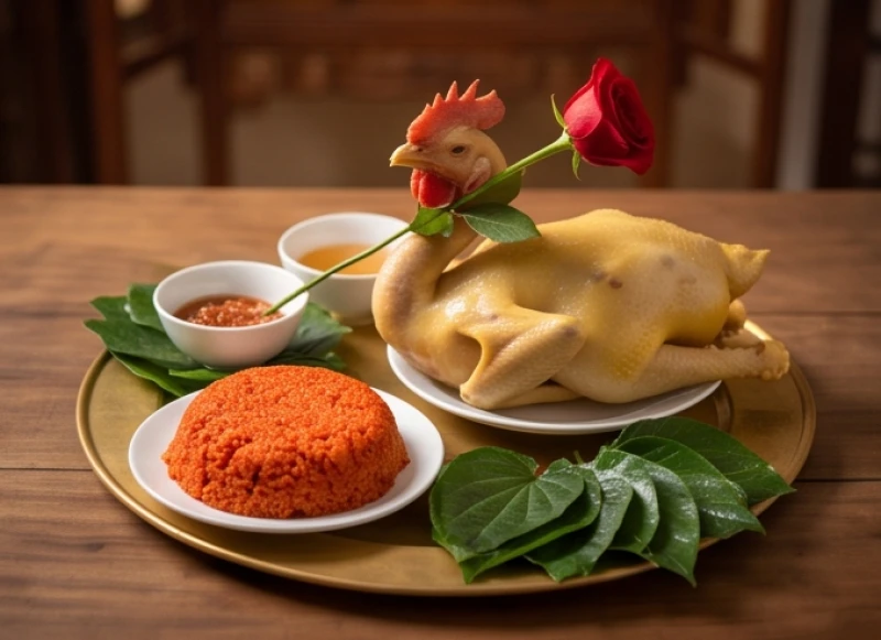Mâm lễ mặn được chuẩn bị tươm tất với xôi gấc và gà trống luộc chéo cánh dâng ban thờ Quan Lớn Đệ Tam