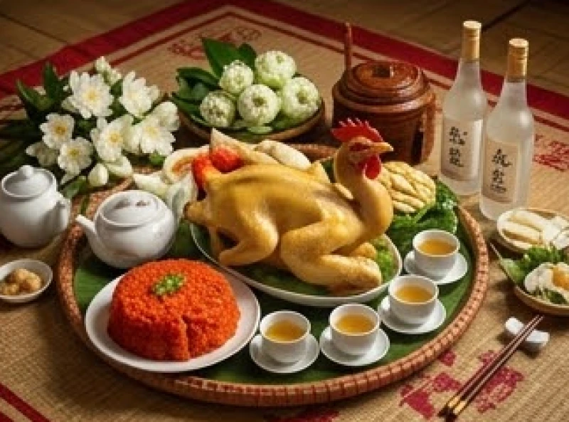 Mâm tạ lễ đầy đặn với xôi chè và mâm mặn được dâng lên đền sau khi hoàn thành thương vụ lớn
