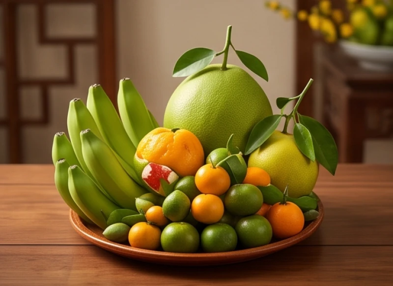 Mâm ngũ quả truyền thống ngày Tết được bày trí đẹp mắt với nhiều loại quả
